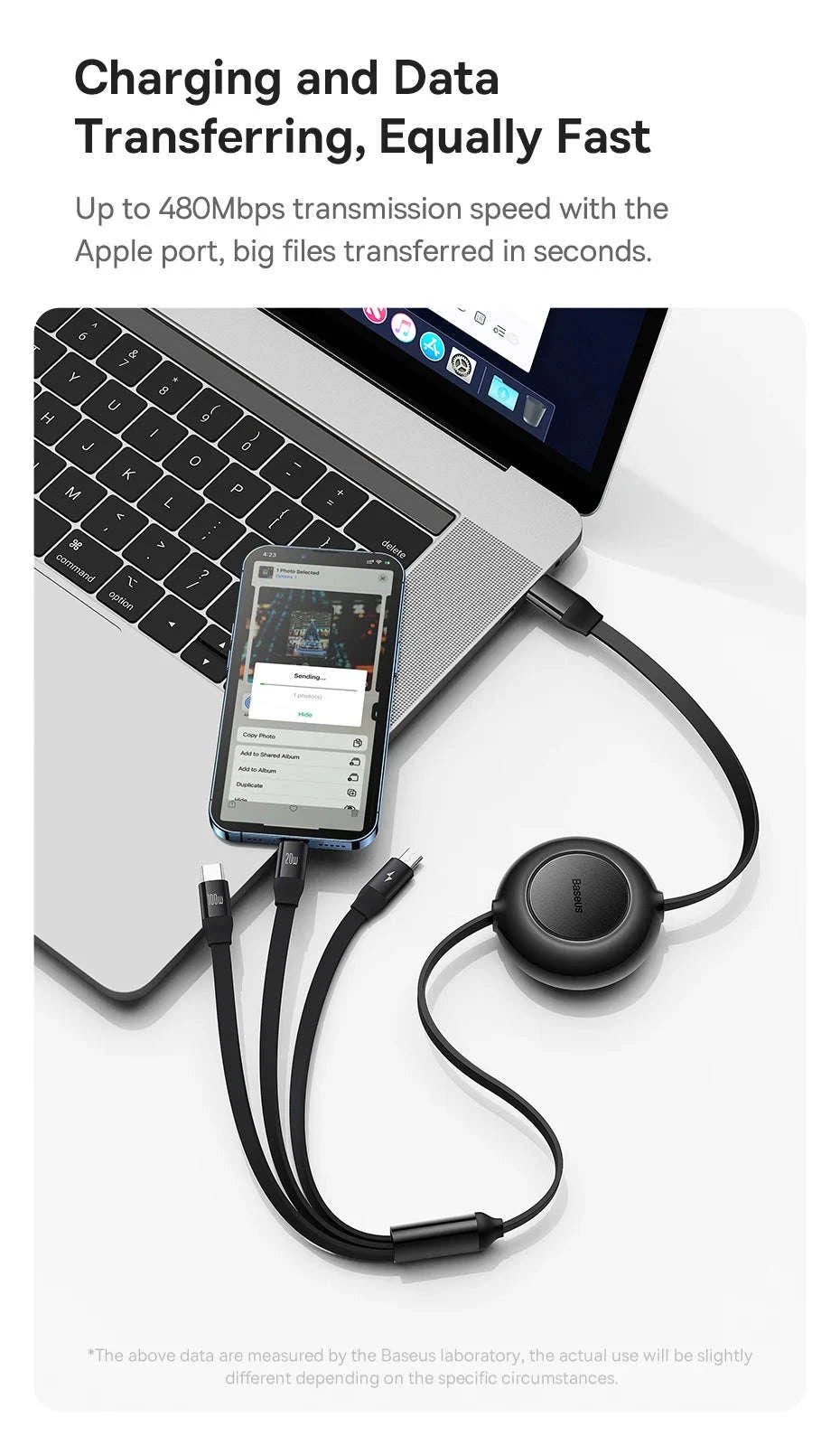 Retractable 100W 3-in-1 USB-C Charging Cable for Laptop & Phone-100W Black / 1.1m