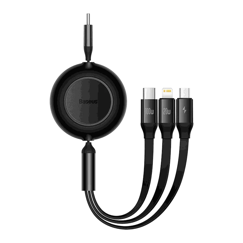 Retractable 100W 3-in-1 USB-C Charging Cable for Laptop & Phone-100W Black / 1.1m