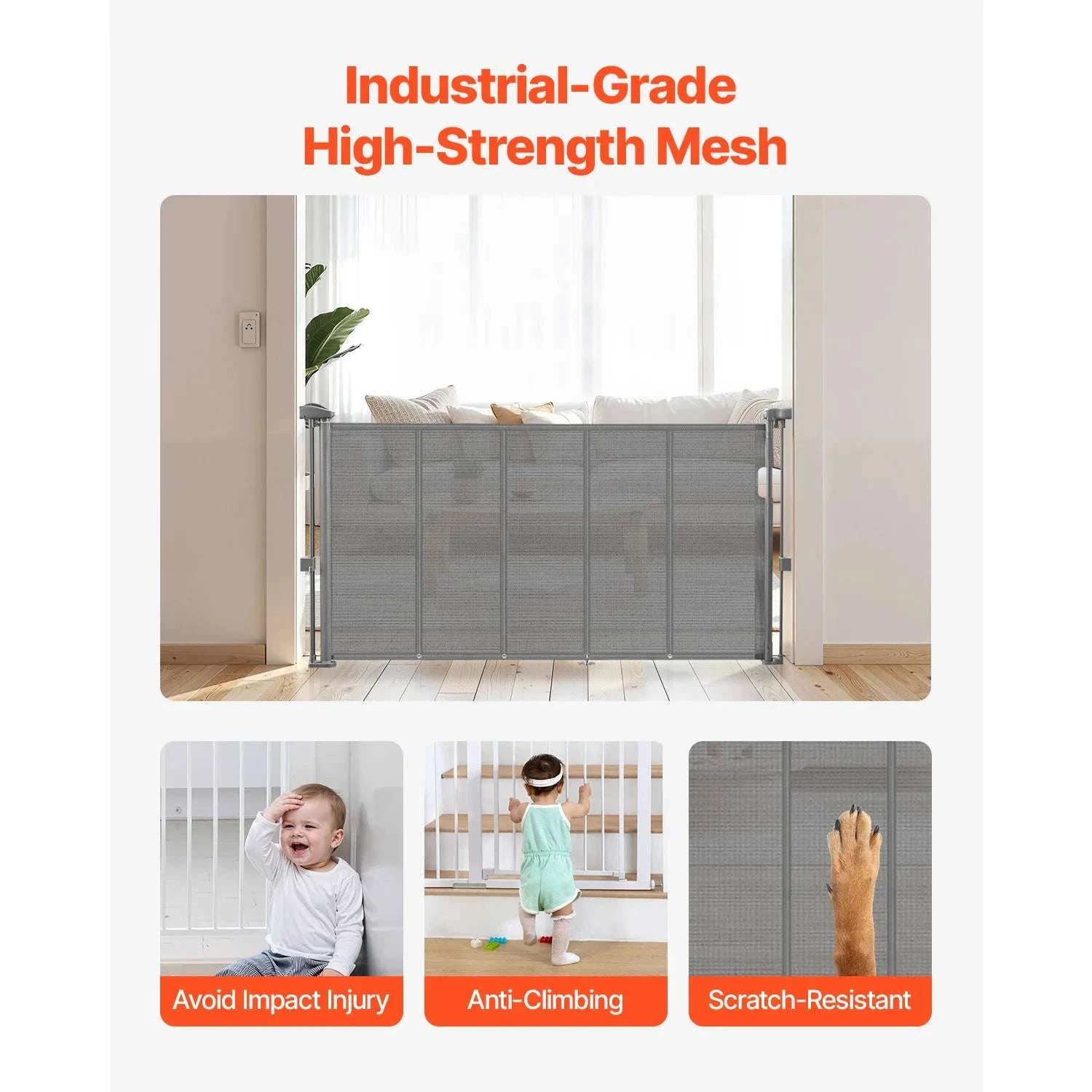 Retractable Baby Gate 34" Tall Extendable Mesh Safety Gate-Grey / 71inch / france