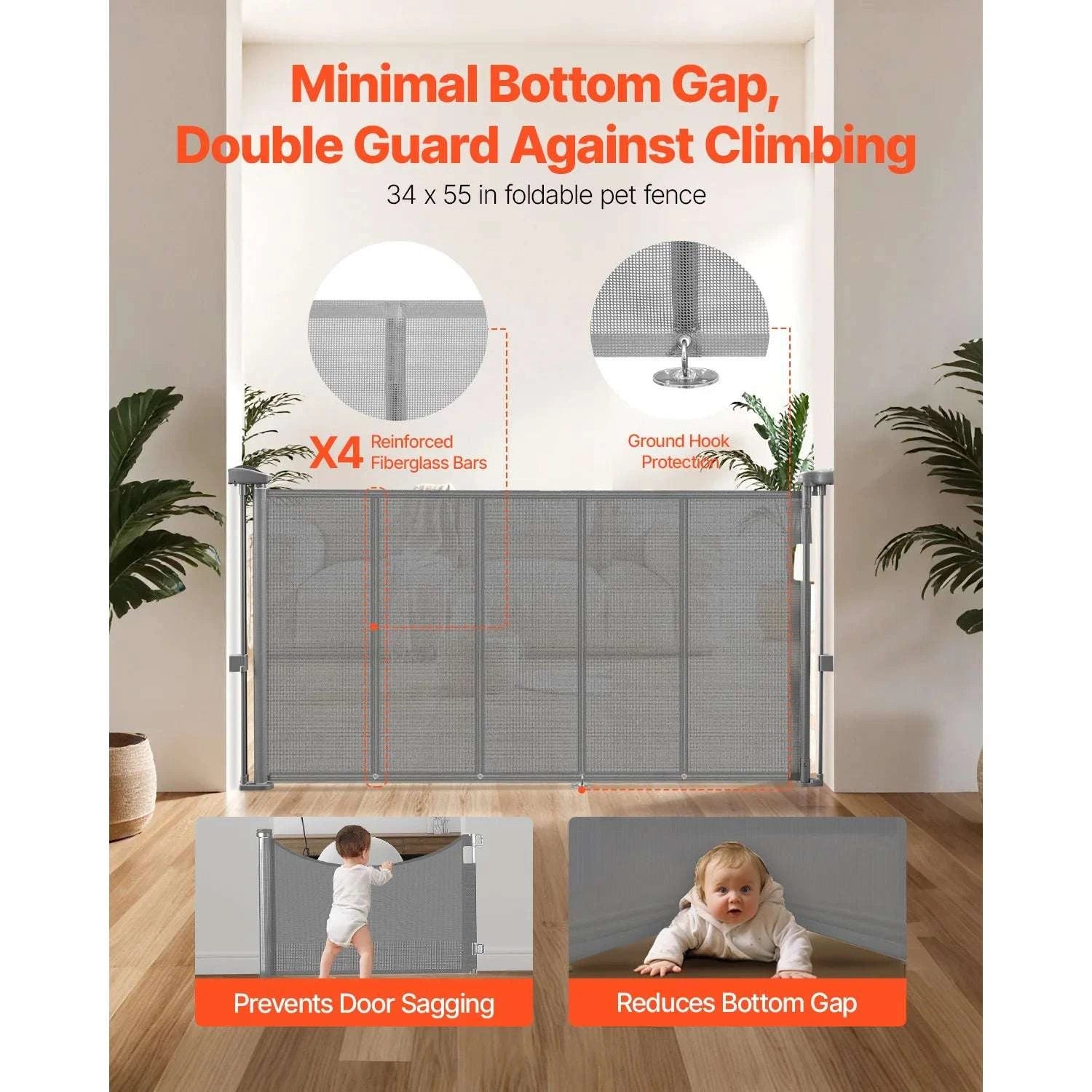 Retractable Baby Gate 34" Tall Extendable Mesh Safety Gate-Grey / 71inch / france