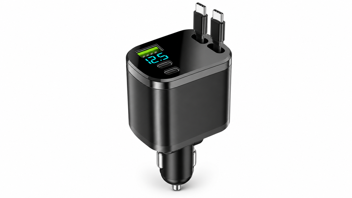 Black car charger with retractable charging cables on white background