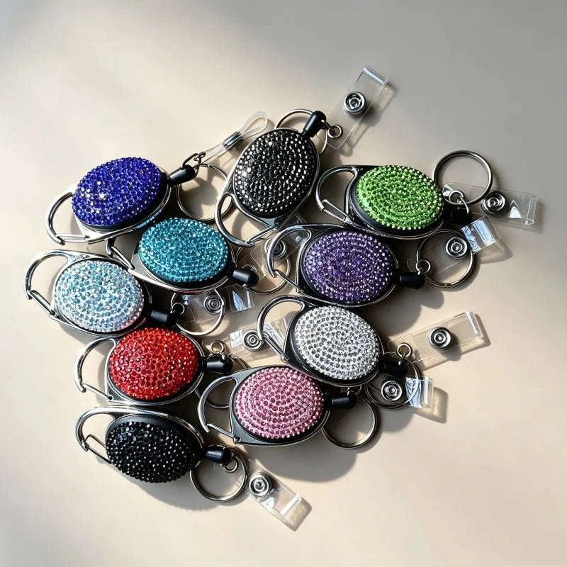 Retractable Crystal ID Badge Reel Keychain-9pcs-set