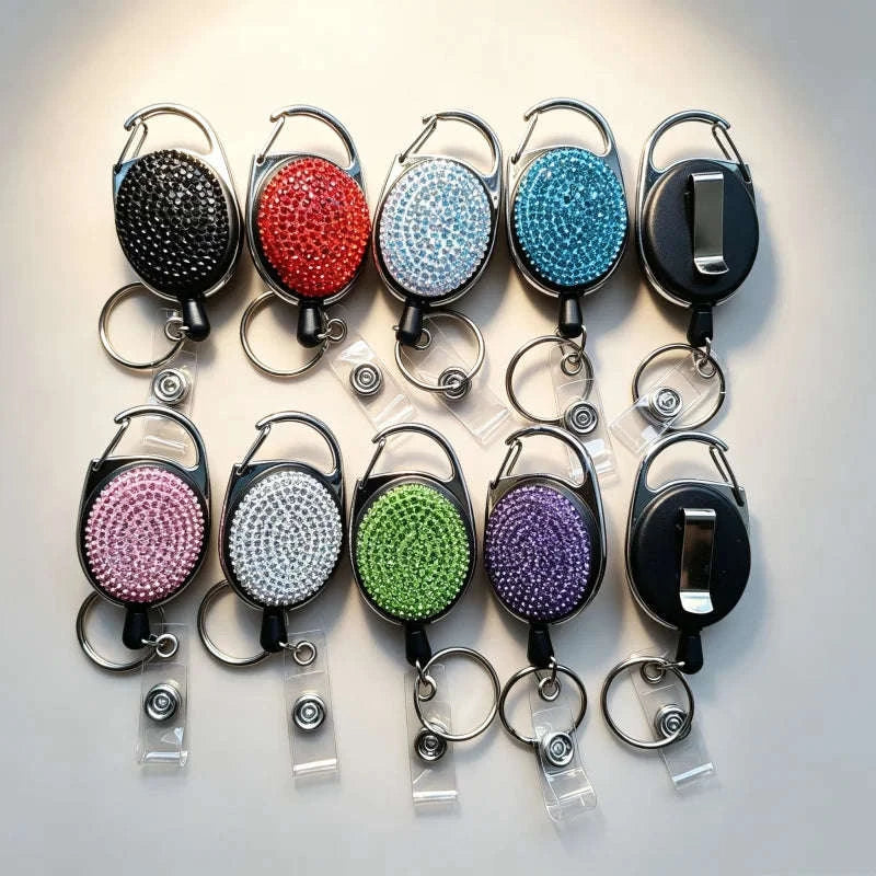 Retractable Crystal ID Badge Reel Keychain-9pcs-set
