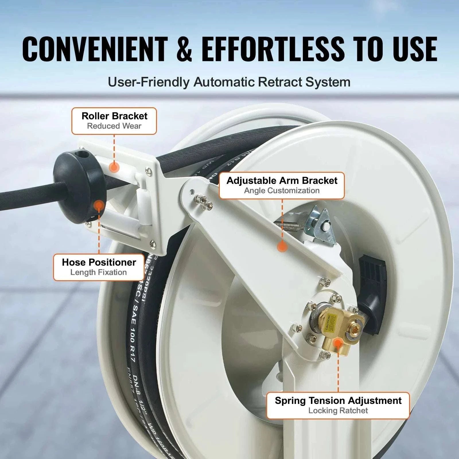 Retractable Fuel Hose Reel with Auto Rewind, 33–66ft Options-66ft 0.75 in / United States