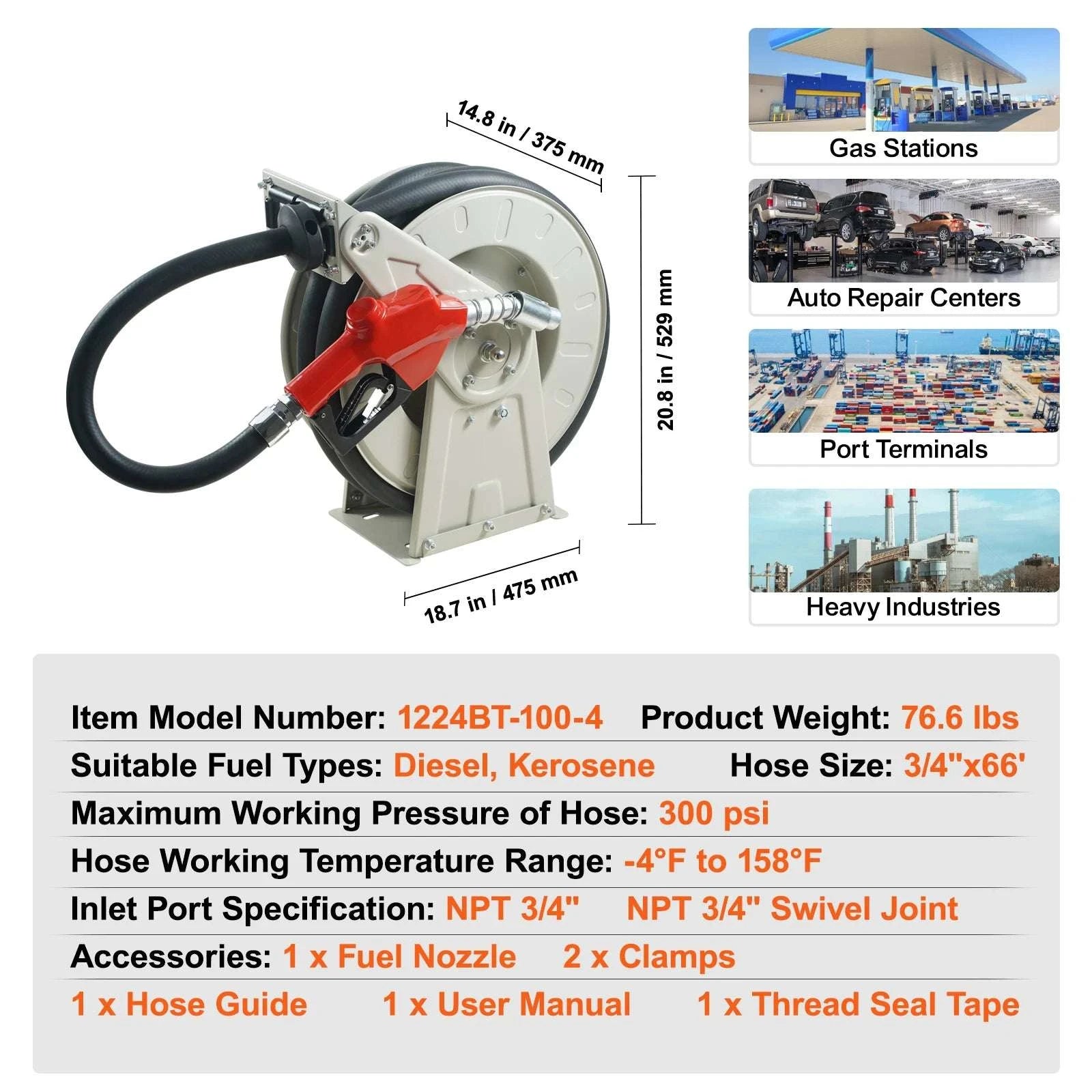 Retractable Fuel Hose Reel with Auto Rewind, 33–66ft Options-66ft 0.75 in / United States