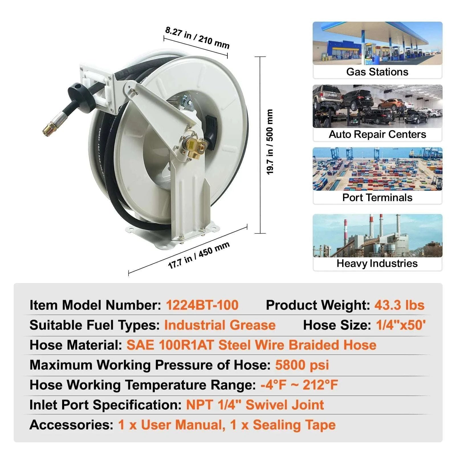 Retractable Fuel Hose Reel with Auto Rewind, 33–66ft Options-66ft 0.75 in / United States