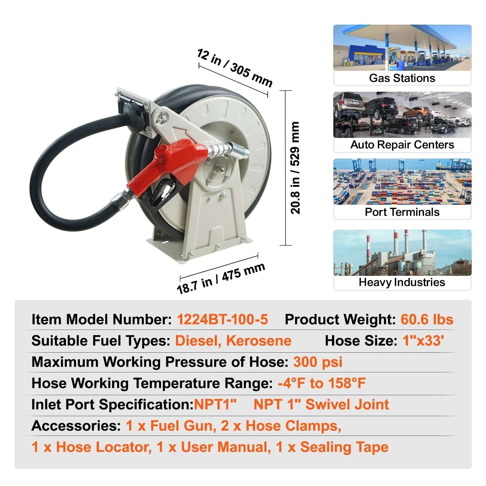 Retractable Fuel Hose Reel with Auto Rewind, 33–66ft Options-66ft 0.75 in / United States
