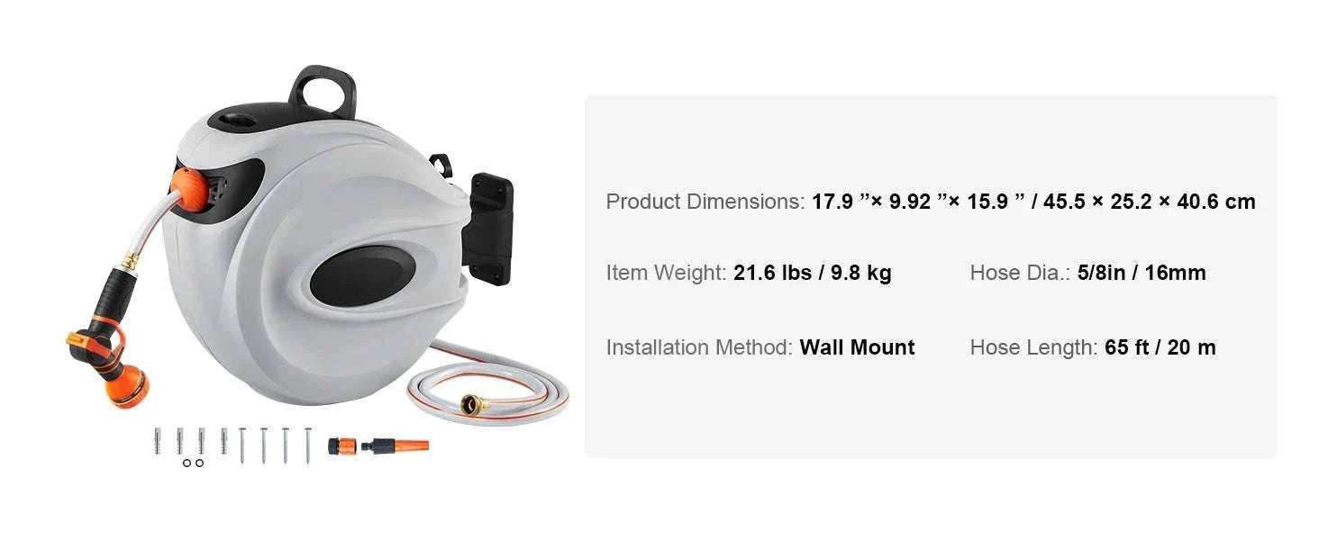 Retractable Garden Hose Reel with 180° Swivel & Auto Rewind System-65ft / 5/8'' / 50ft|United States