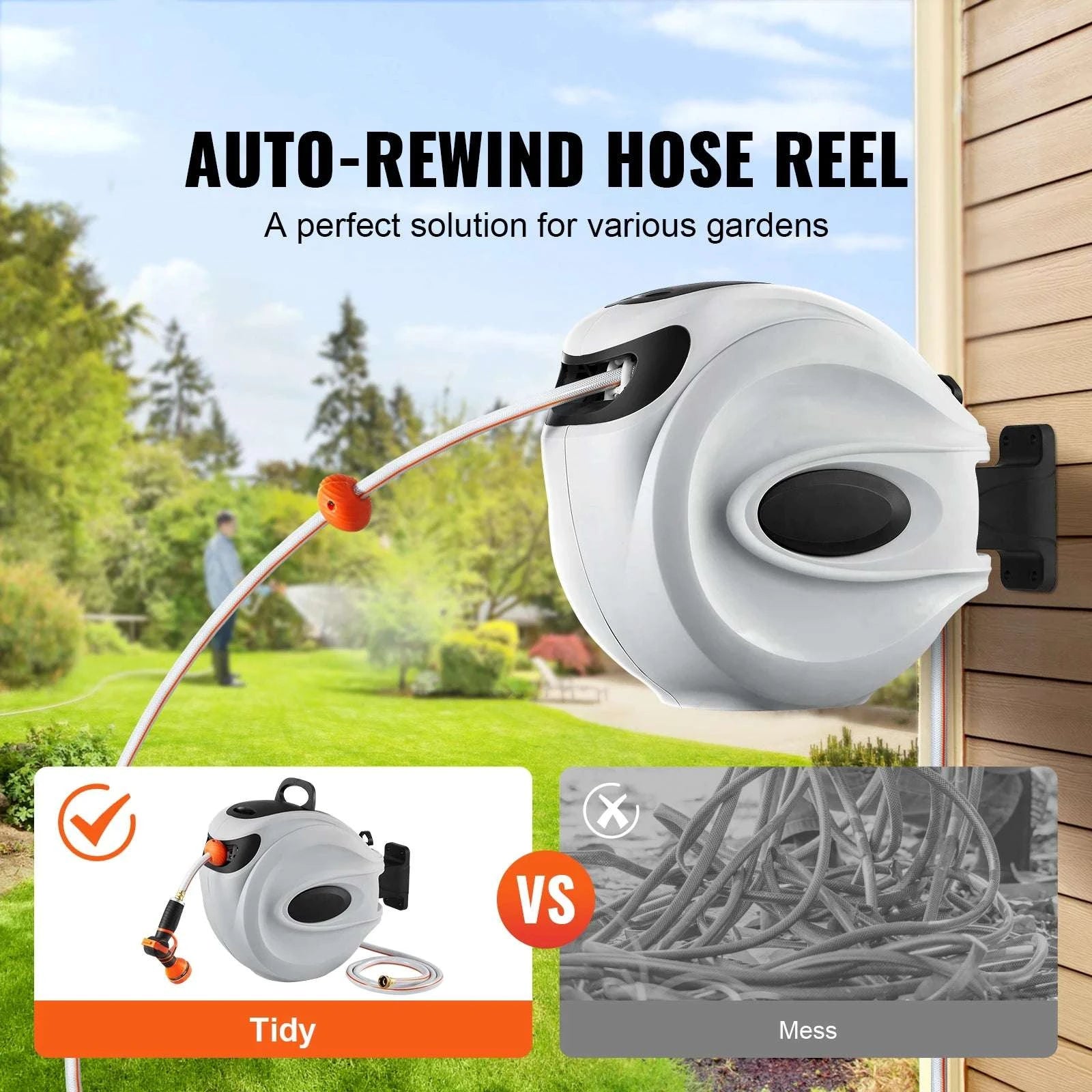 Retractable Garden Hose Reel with 180° Swivel & Auto Rewind System-65ft / 5/8'' / 50ft|United States