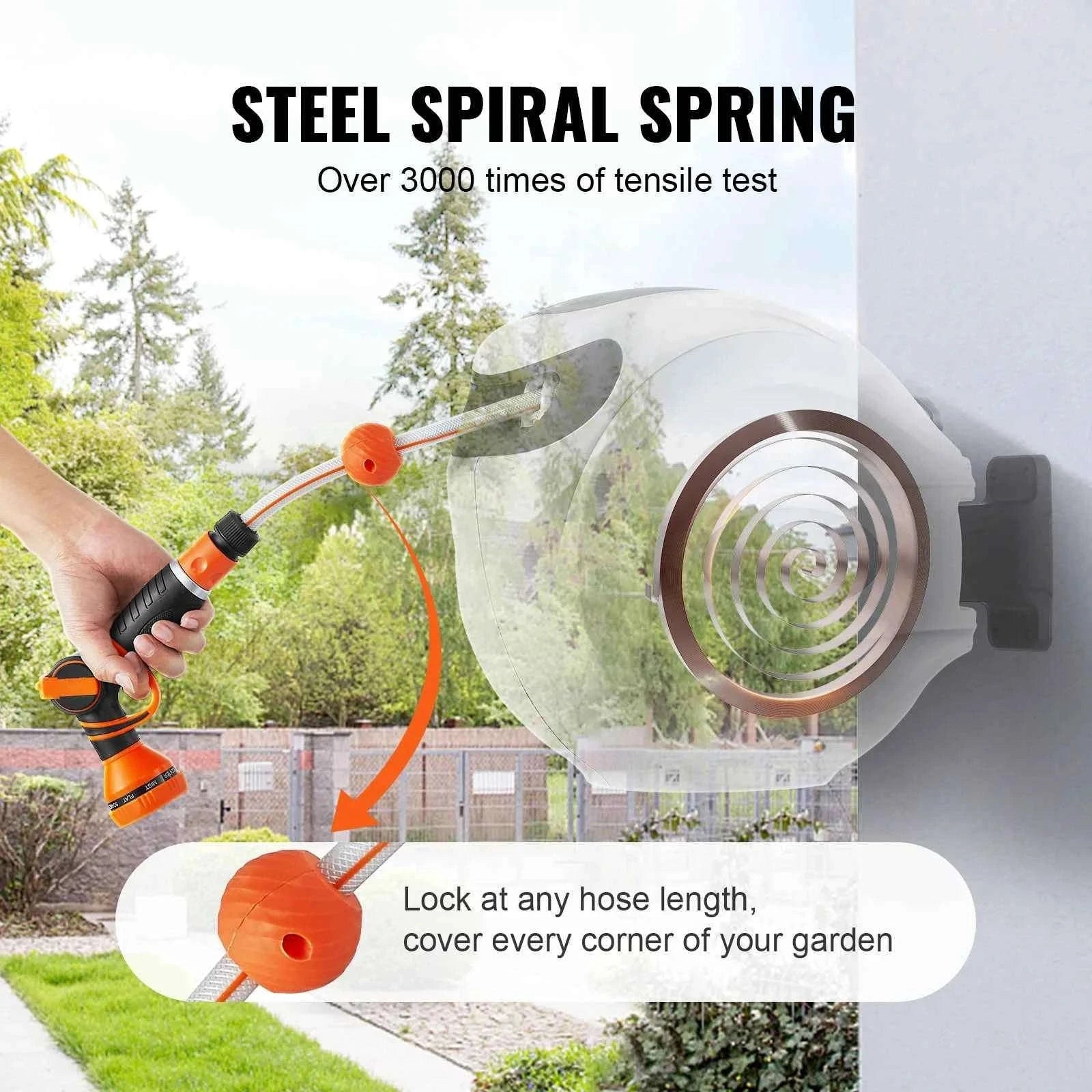 Retractable Hose Reel 1/2 Inch Wall-Mounted with 180° Swivel Bracket and 9-Pattern Nozzle-