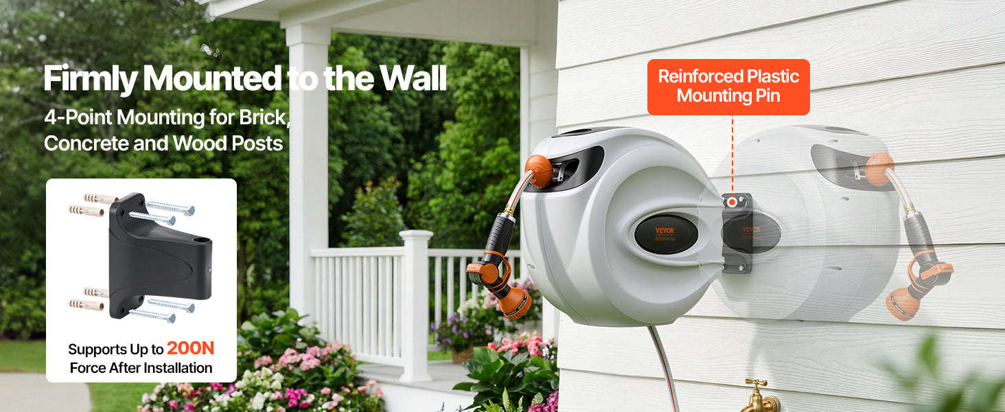 Retractable Hose Reel 1/2 Inch Wall-Mounted with 180° Swivel Bracket and 9-Pattern Nozzle-