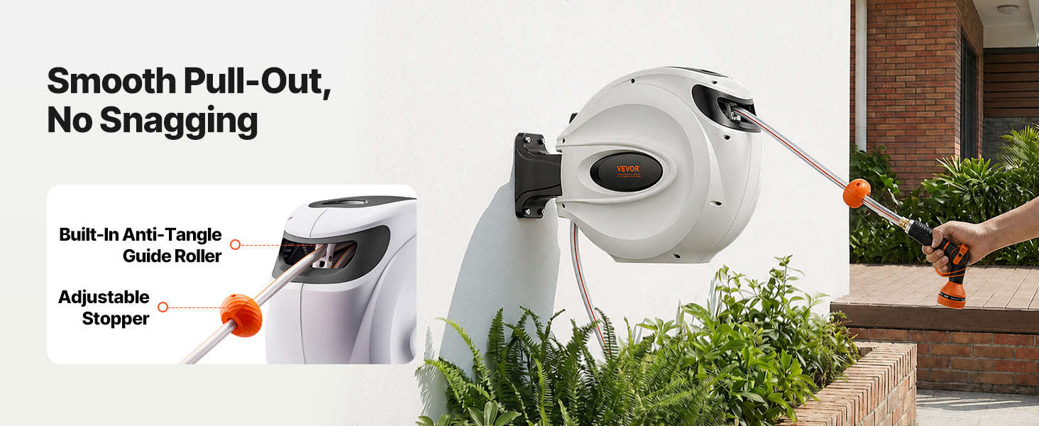 Retractable Hose Reel 1/2 Inch Wall-Mounted with 180° Swivel Bracket and 9-Pattern Nozzle-