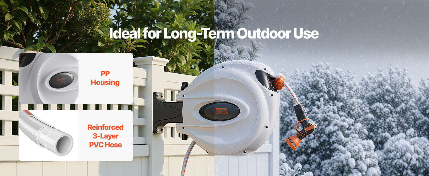 Retractable Hose Reel 1/2 Inch Wall-Mounted with 180° Swivel Bracket and 9-Pattern Nozzle-