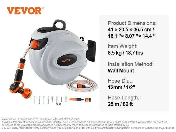 Retractable Hose Reel 82 ft x 1/2 in Wall-Mounted with 180° Swivel Bracket and 9-Pattern Nozzle-25m0.5in2m / CZECH REPUBLIC