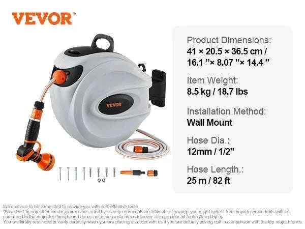 Retractable Hose Reel 82 ft x 1/2 in Wall-Mounted with 180° Swivel Bracket and 9-Pattern Nozzle-25m0.5in2m / CZECH REPUBLIC