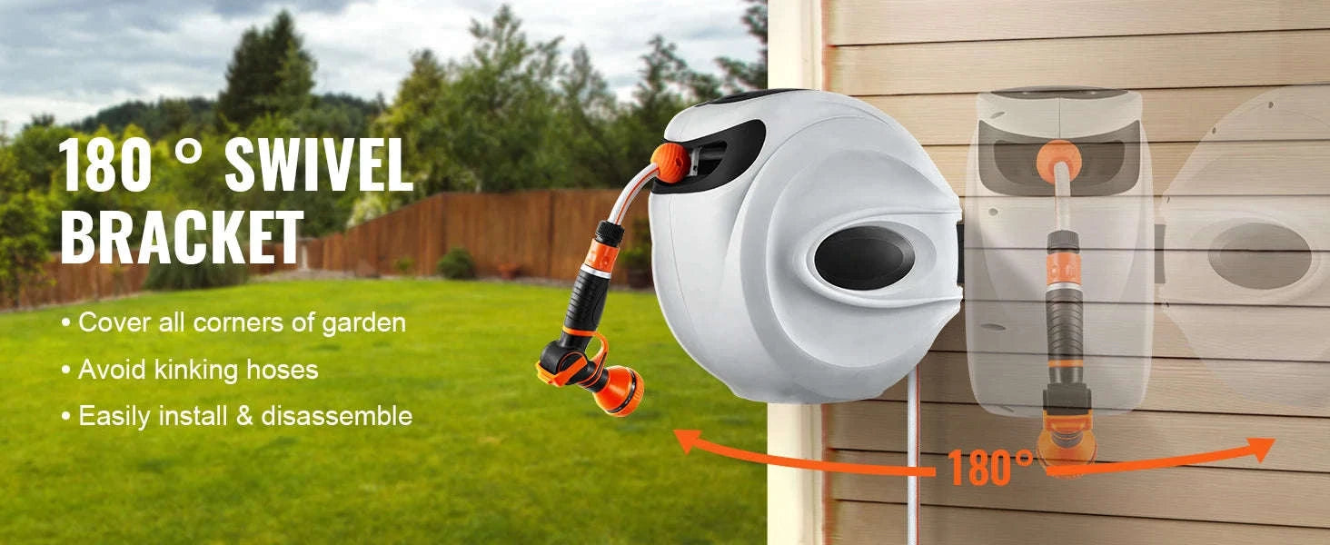 Retractable Hose Reel 82 ft x 1/2 in Wall-Mounted with 180° Swivel Bracket and 9-Pattern Nozzle-25m0.5in2m / CZECH REPUBLIC