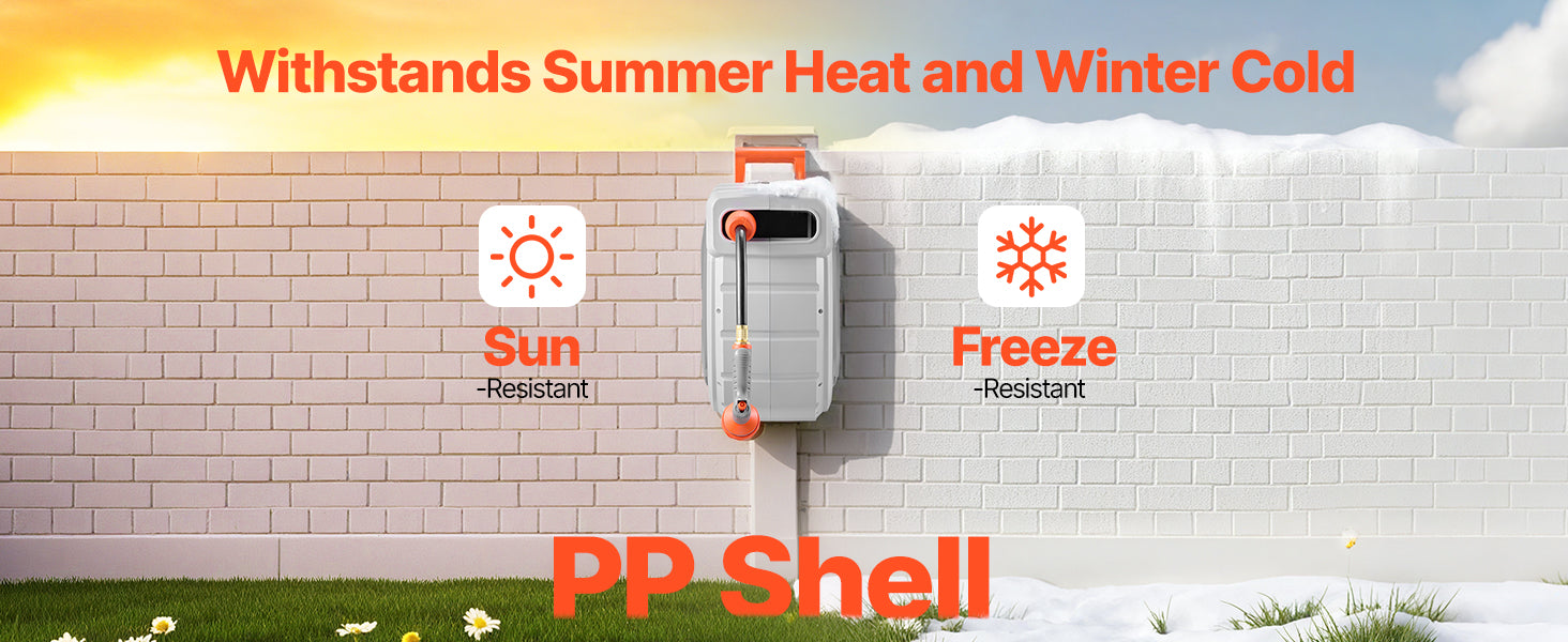 SucceBuy Retractable Garden Hose Reel - nástěnný navíjecí naviják na hadici do zahrady, těžký, s 9-pattern tryskem, otočný 180°, držák se otáčí.