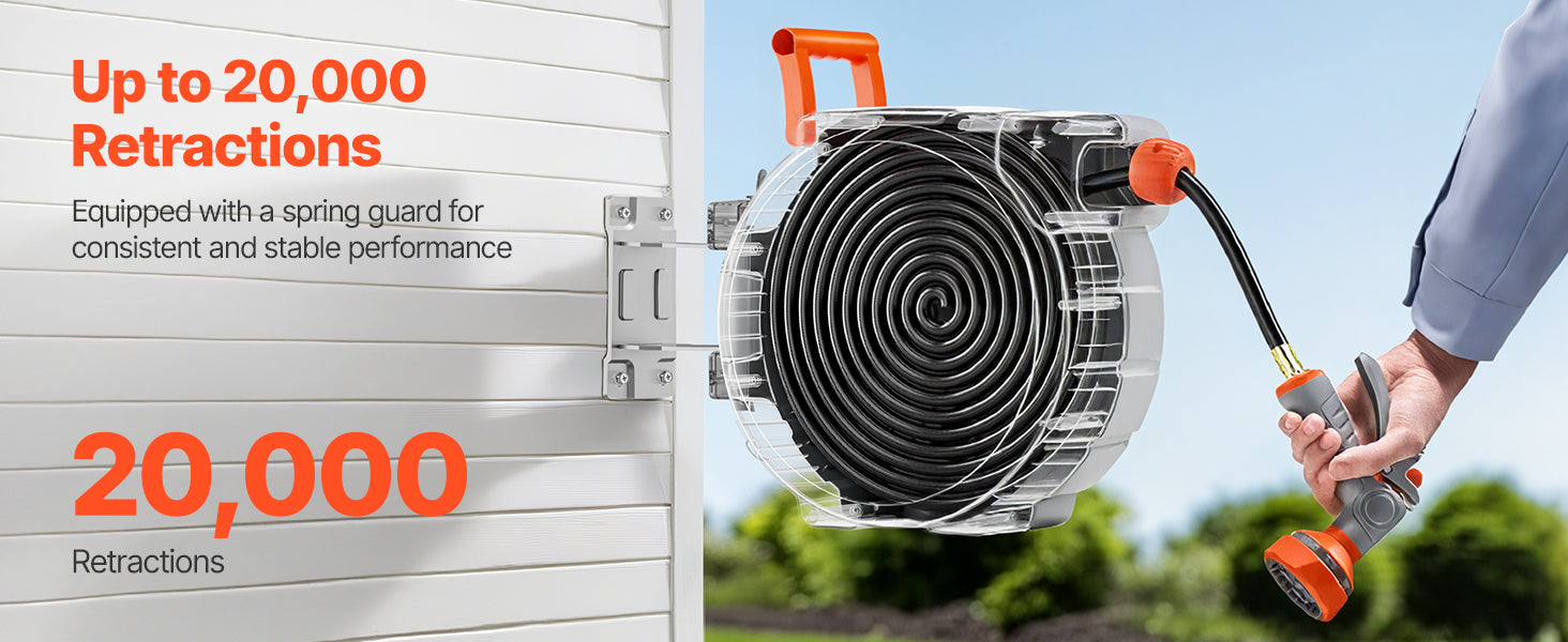 SucceBuy Entreador de Mangueira Retrátil de Jardim 5/8 polegadas x 30,48 m com Niple Rotativo de 9 Padrões, Sistema de Retorno Lento Atualizado e Suporte com Giratório de 180°