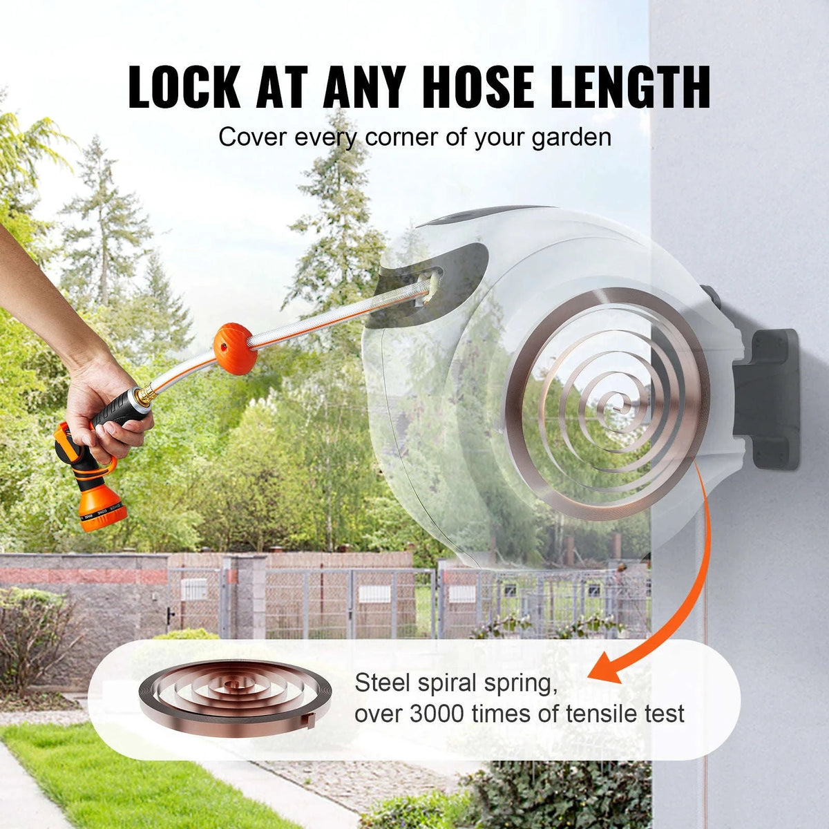 Retractable Hose Reel with 180° Swivel Bracket and 9-Pattern Nozzle-65ft / 5/8'' / 50ft|United States