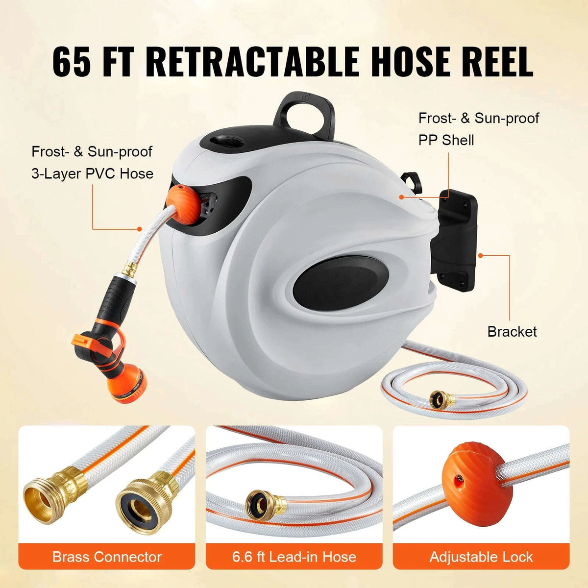 Retractable Hose Reel with 180° Swivel Bracket and 9-Pattern Nozzle-65ft / 5/8'' / 50ft|United States