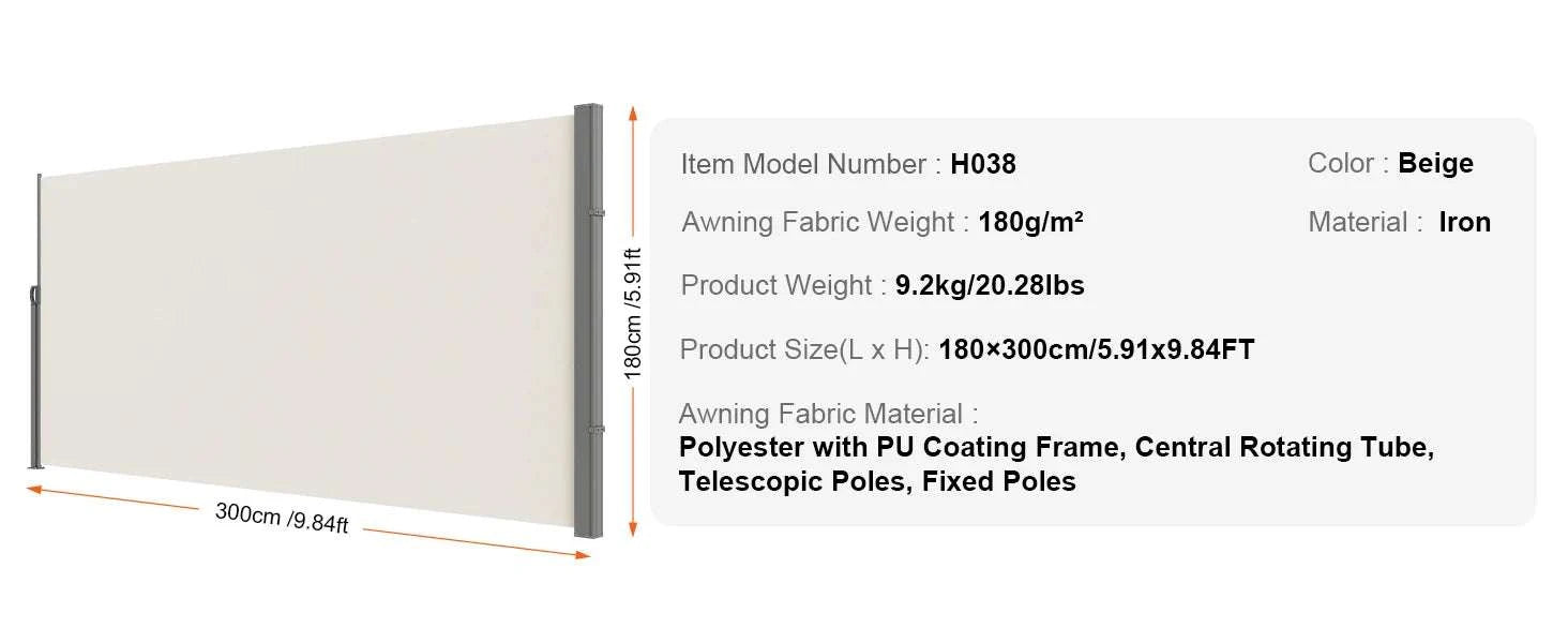 Retractable Side Awning Privacy Screen UV30+ Waterproof Patio Divider-180X350cm Yellowish / Poland