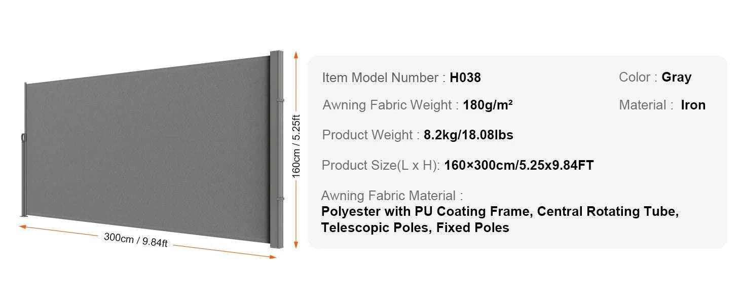 Retractable Side Awning Privacy Screen UV30+ Waterproof Patio Divider-180X350cm Yellowish / Poland