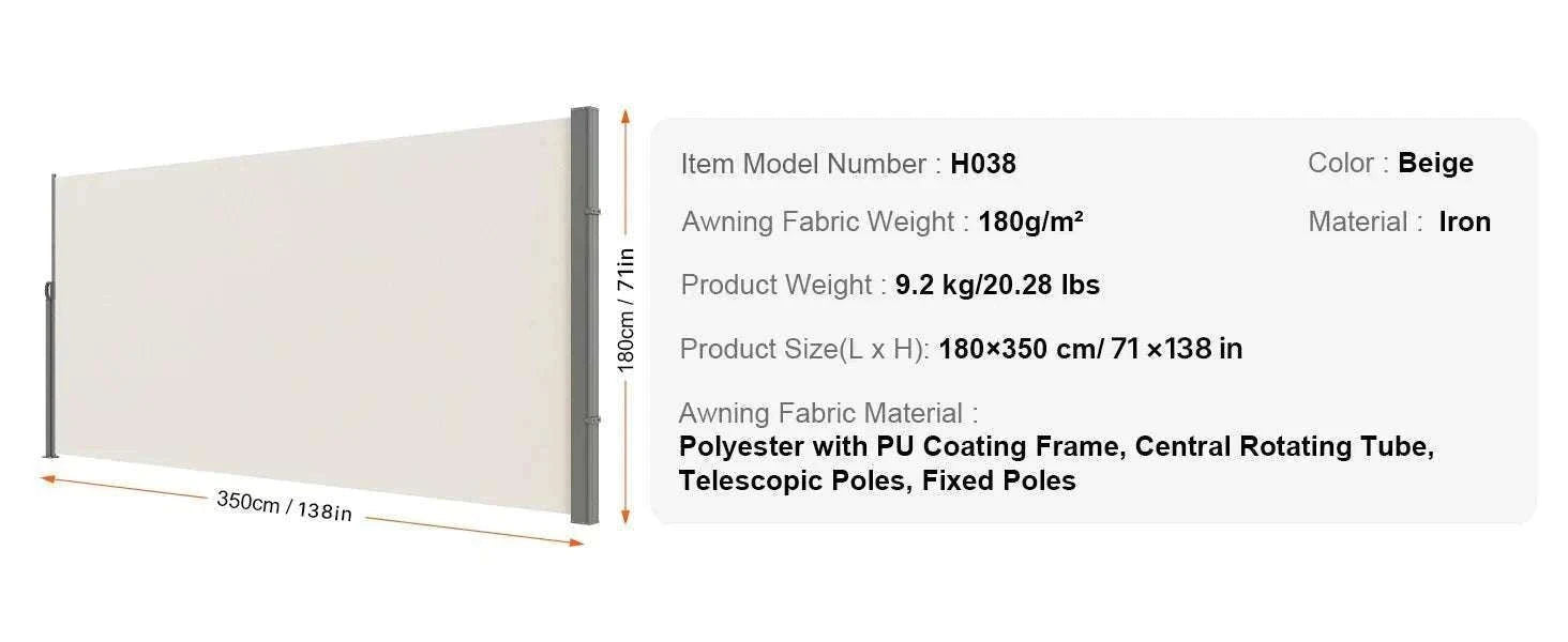 Retractable Side Awning Privacy Screen UV30+ Waterproof Patio Divider-180X350cm Yellowish / Poland