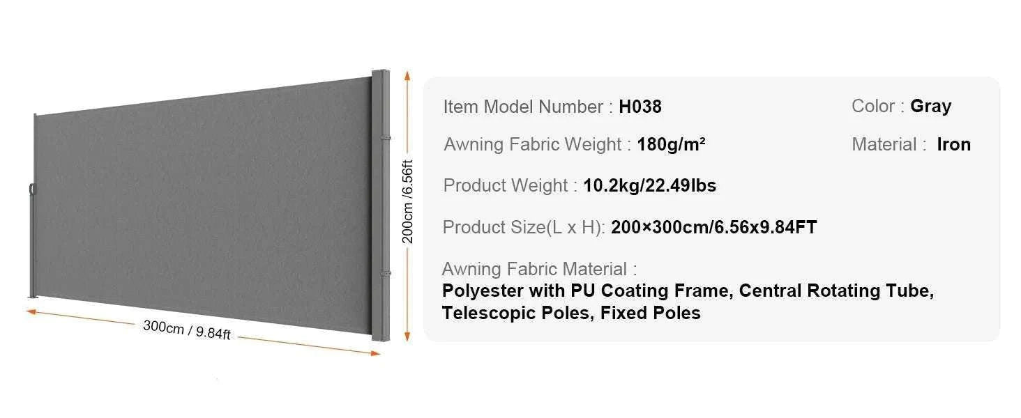 Retractable Side Awning Privacy Screen UV30+ Waterproof Patio Divider-180X350cm Yellowish / Poland
