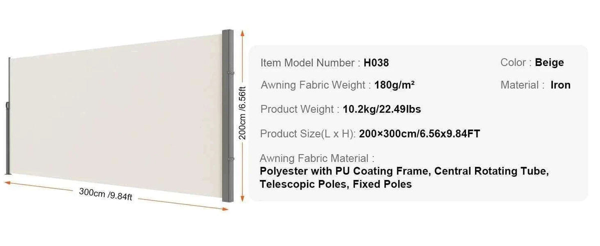 Retractable Side Awning Privacy Screen UV30+ Waterproof Patio Divider-180X350cm Yellowish / Poland