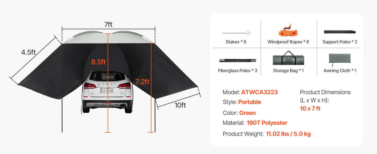 Retractable Vehicle Side Awning with Waterproof Storage Bag-6.6x8.2ft / United Kingdom