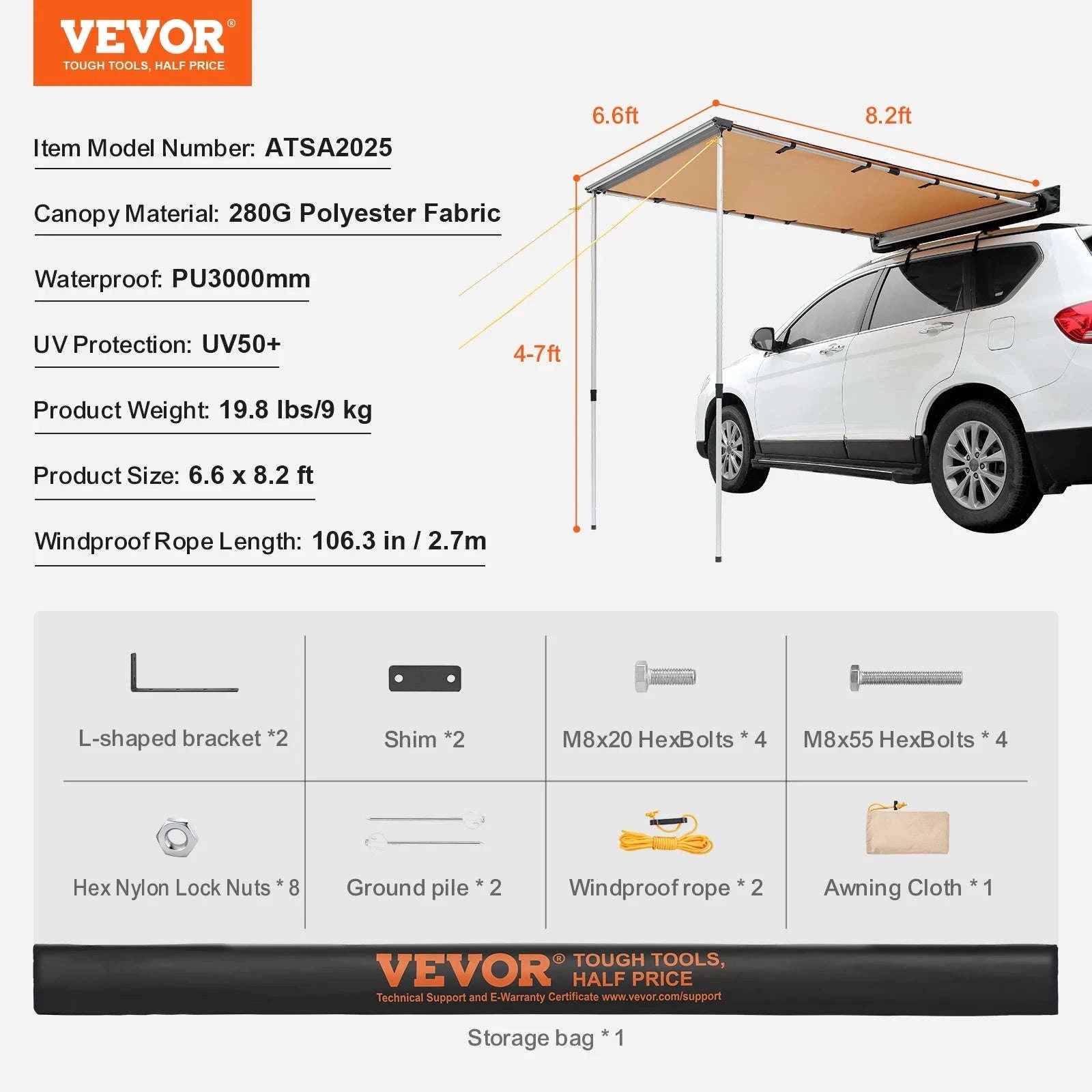 Retractable Vehicle Side Awning with Waterproof Storage Bag-6.6x8.2ft / United Kingdom