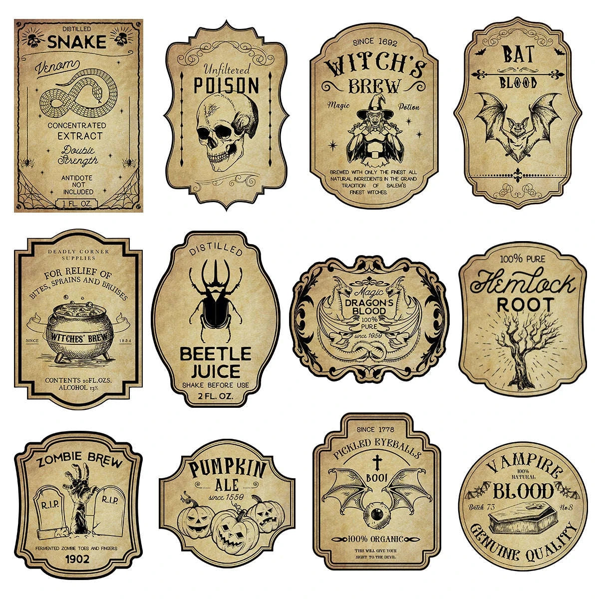 Retro Halloween Wine Bottle Labels-12pcs / mix style