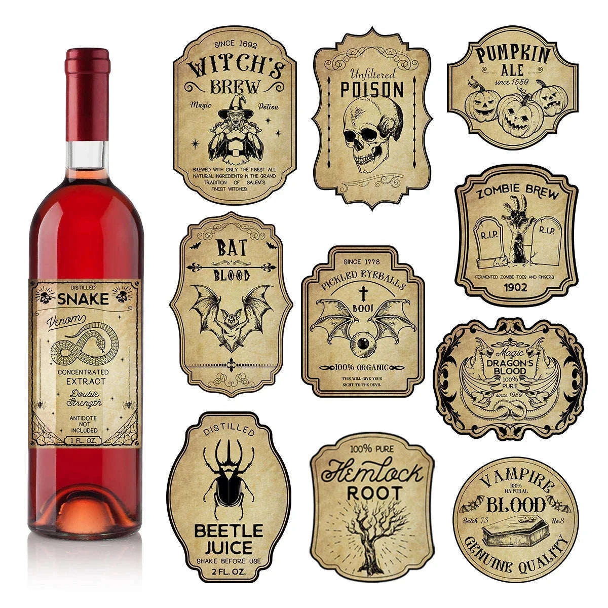 Retro Halloween Wine Bottle Labels for Spooky Party Decor-24pcs / Labels Stickers