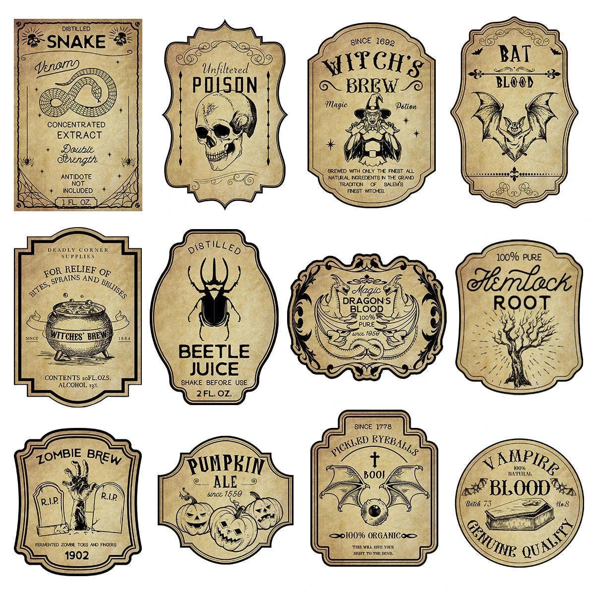 Retro Halloween Wine Bottle Labels for Spooky Party Decor-24pcs / Labels Stickers