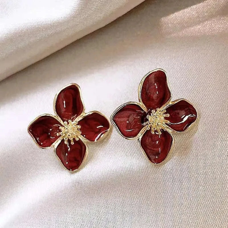Retro Red Flower Earrings – Drip-Glaze Floral Studs-E-0006-green