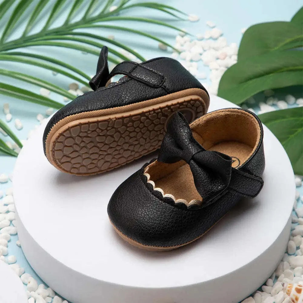 Retro Solid Color Bow Princess Baby Walking Shoes-black / 6-12months