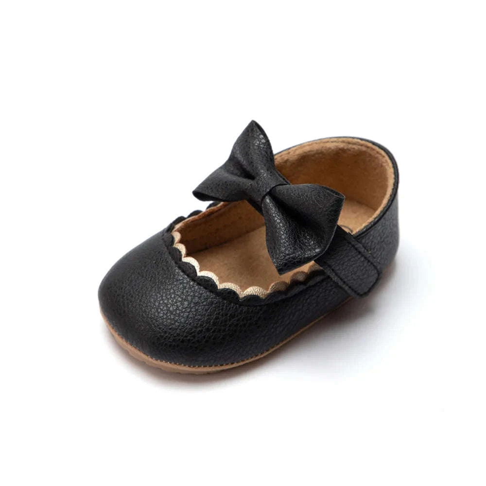 Retro Solid Color Bow Princess Baby Walking Shoes-black / 6-12months