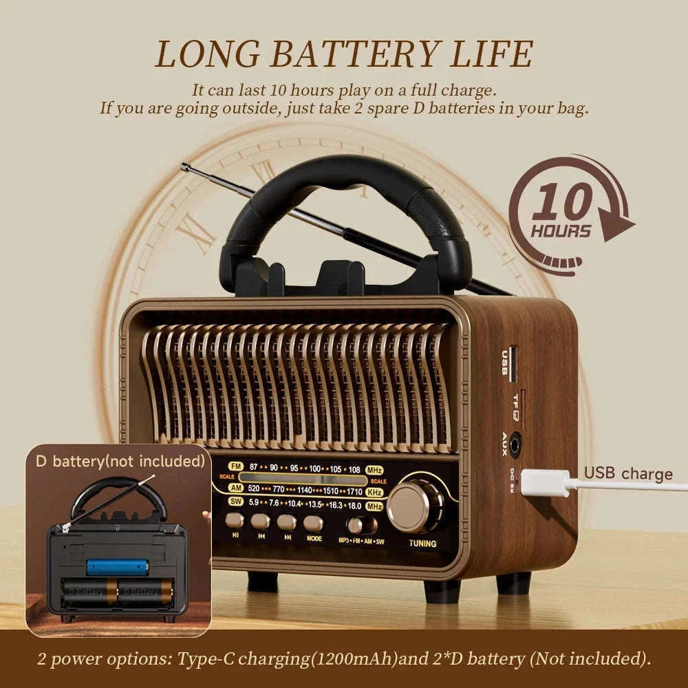 Retro Wireless Radio AM/FM/SW Portable with Bluetooth and Rechargeable Battery-Brown / China Mainland