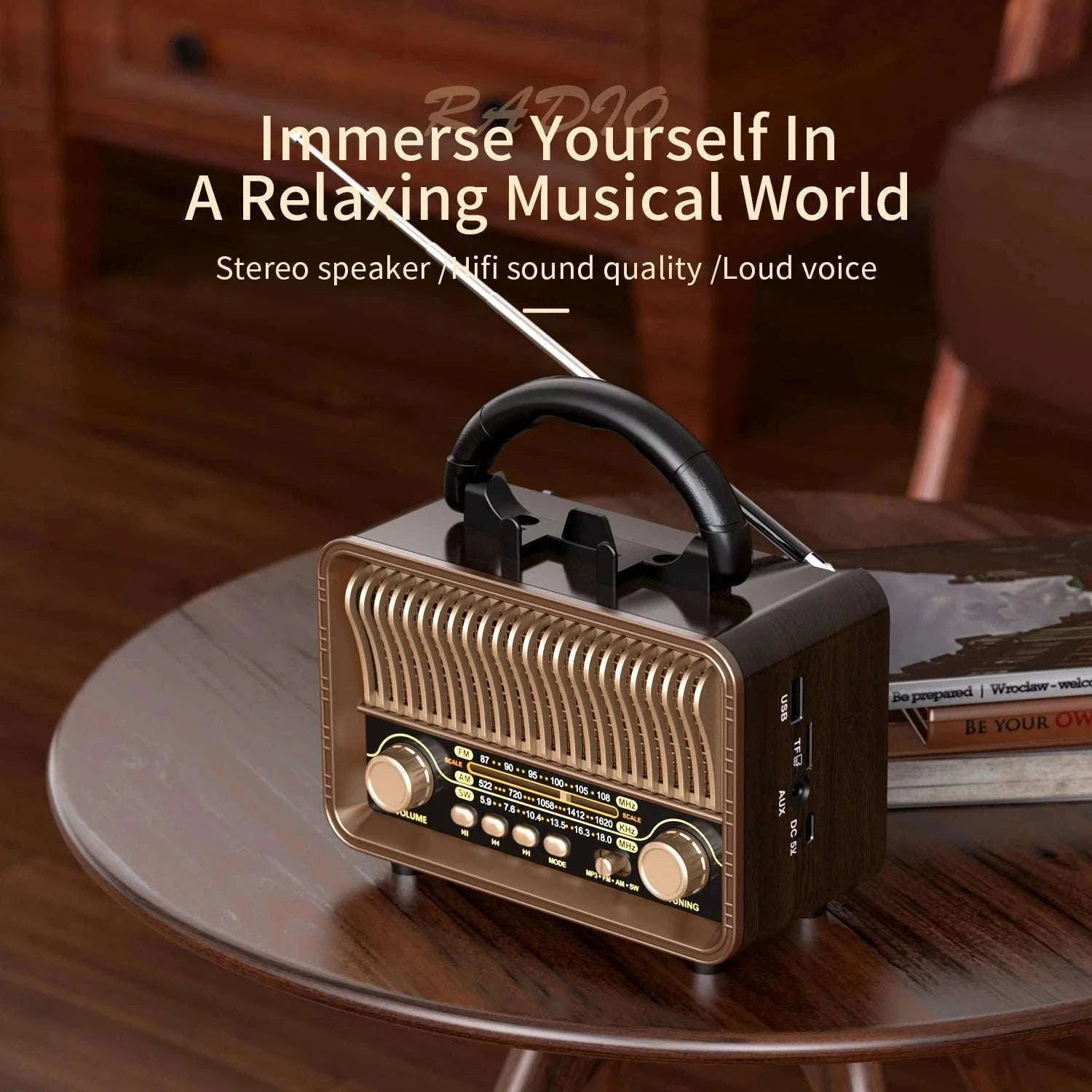 Retro Wireless Radio AM/FM/SW Portable with Bluetooth and Rechargeable Battery-Brown / China Mainland