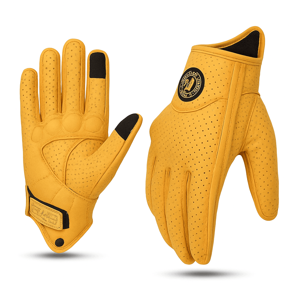 Retro Yellow Leather Motorcycle Gloves with Knuckle Protection-Yellow-Perforated / XL