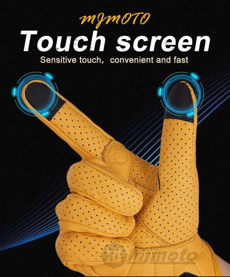 Retro Yellow Leather Motorcycle Gloves with Knuckle Protection-Yellow-Perforated / XL