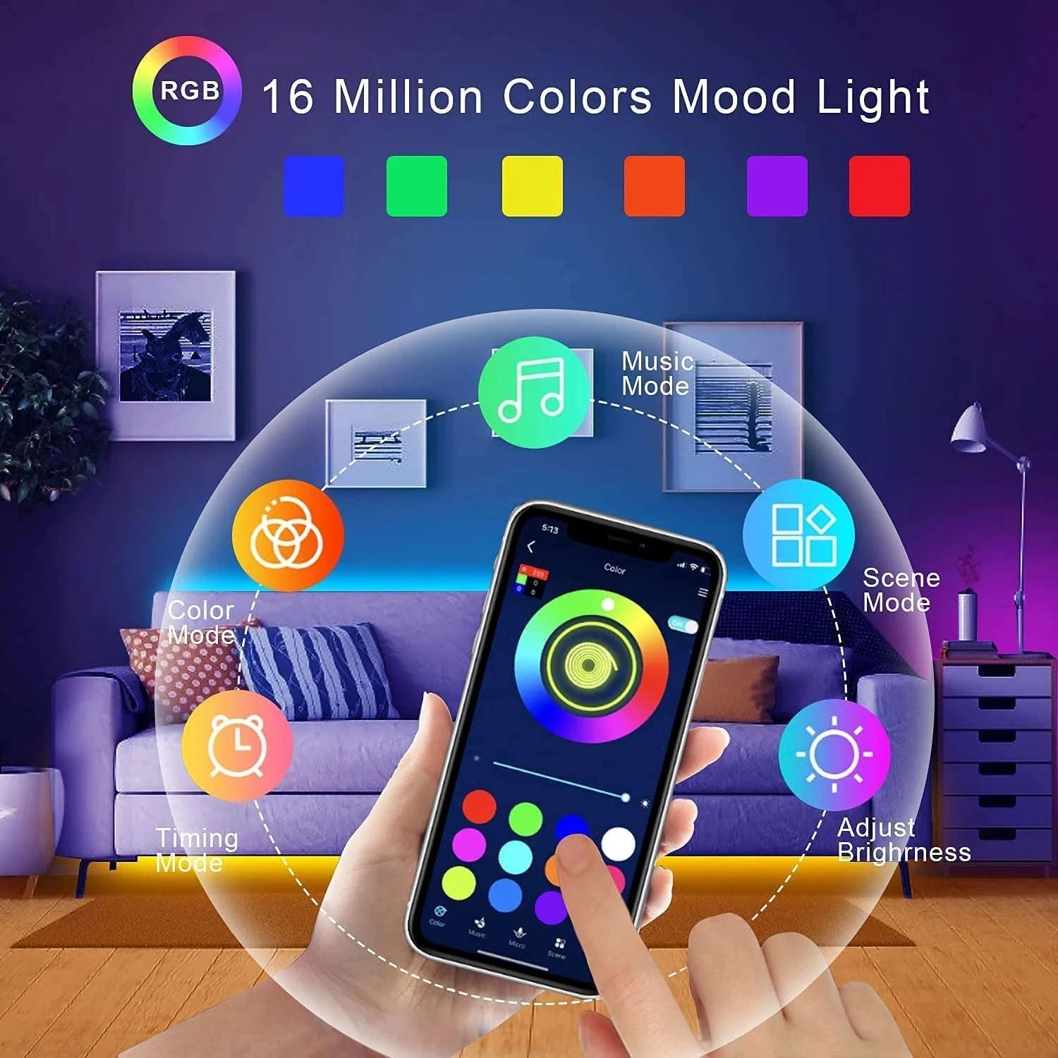 RGB LED Strip Lights for Vibrant Home Ambiance-APP 44 key / 15m