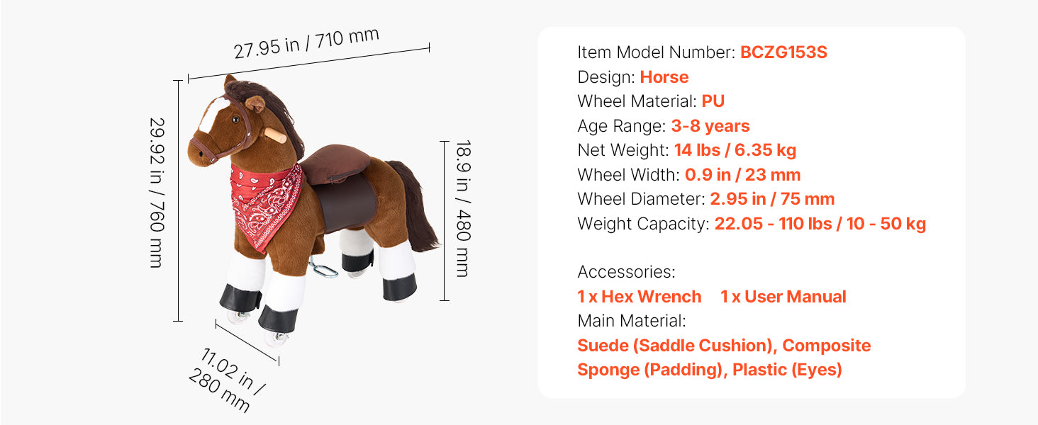 SucceBuy 110/176 lbs Kids Ride On Horse Smooth Wheels with Anti-Roll Stop Ring & Handles Pedals Riding Pony Toys for Children