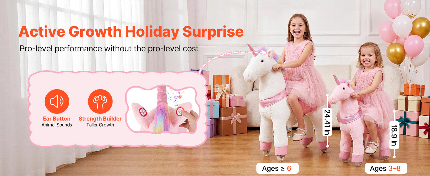 SucceBuy 110/176 lbs Kids Ride On Horse Riding Pink Unicorn Toys Smooth Wheels with Anti-Roll Stop Ring & Handles for Children