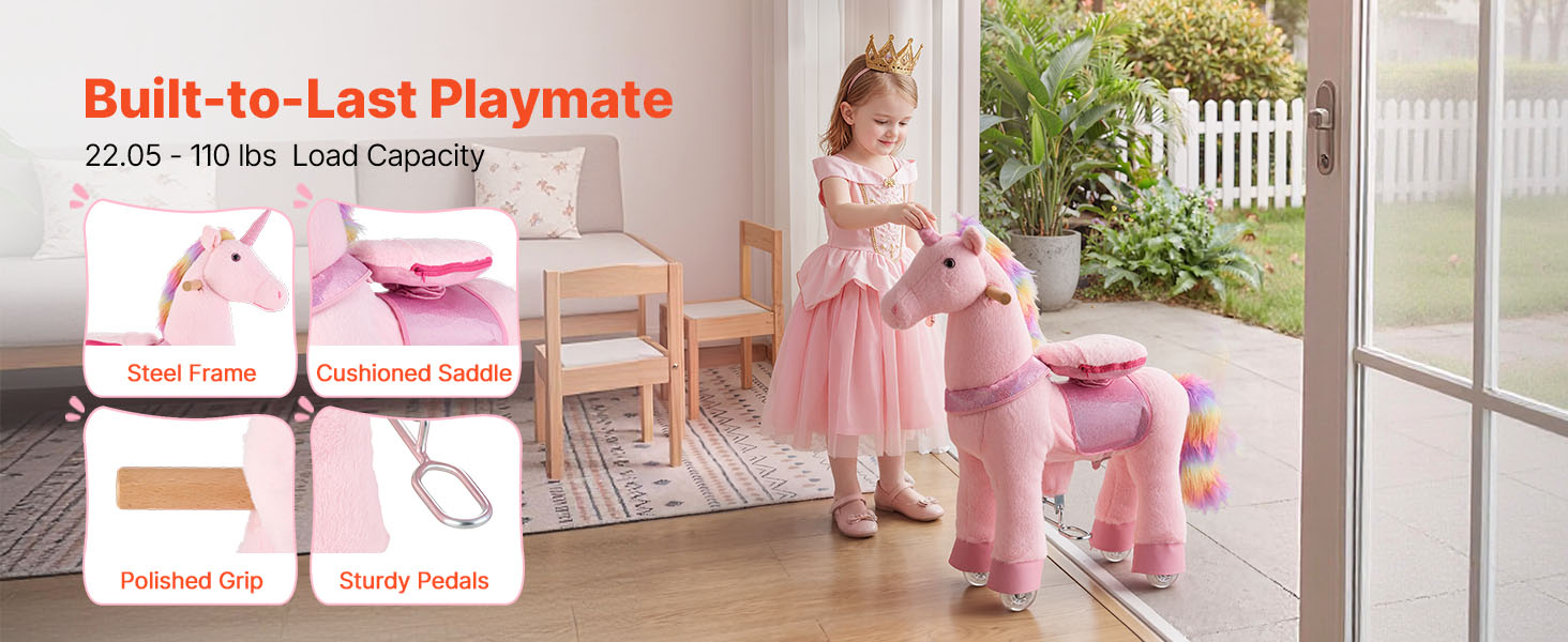 SucceBuy 110/176 lbs Kids Ride On Horse Riding Pink Unicorn Toys Smooth Wheels with Anti-Roll Stop Ring & Handles for Children