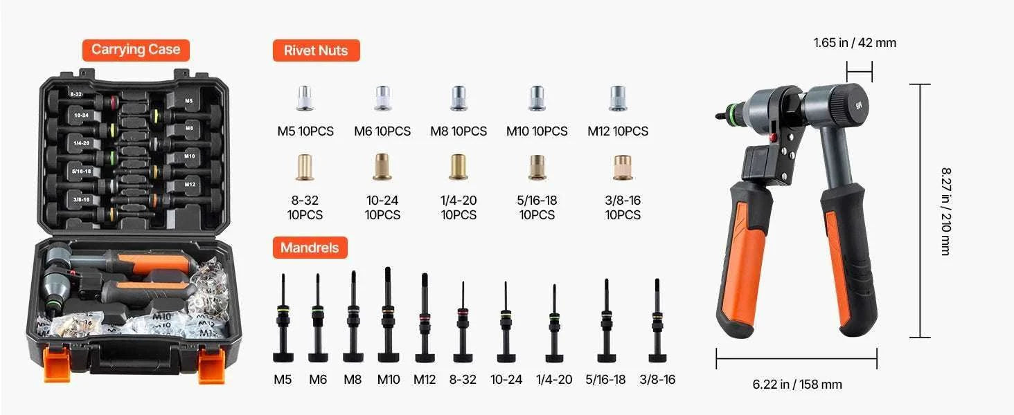 Rivet Nut Tool Kit with Mandrels & Nuts Metric SAE Set-9in B / United States