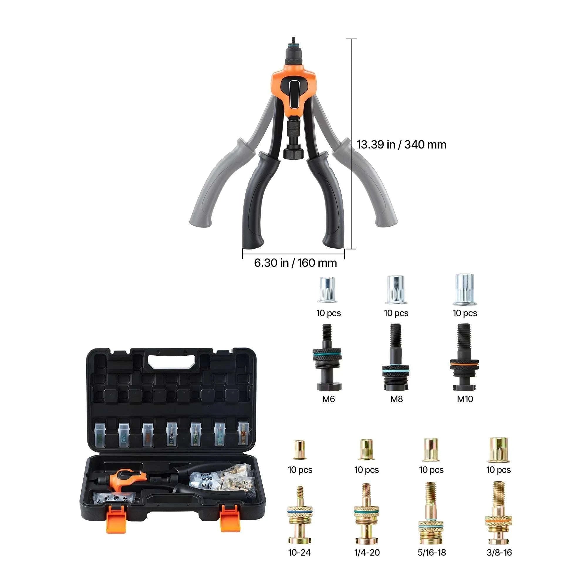 Rivet Nut Tool Kit with Mandrels & Nuts Metric SAE Set-9in B / United States