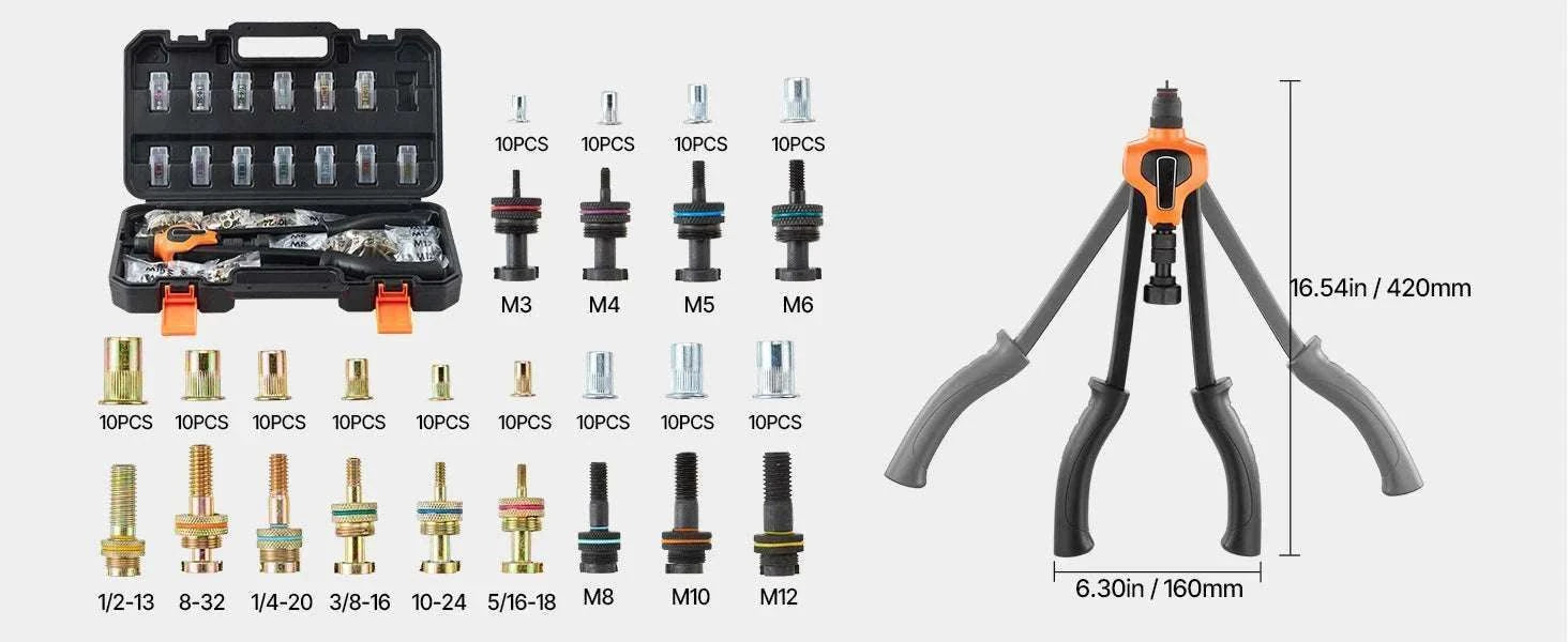 Rivet Nut Tool Kit with Mandrels & Nuts Metric SAE Set-9in B / United States