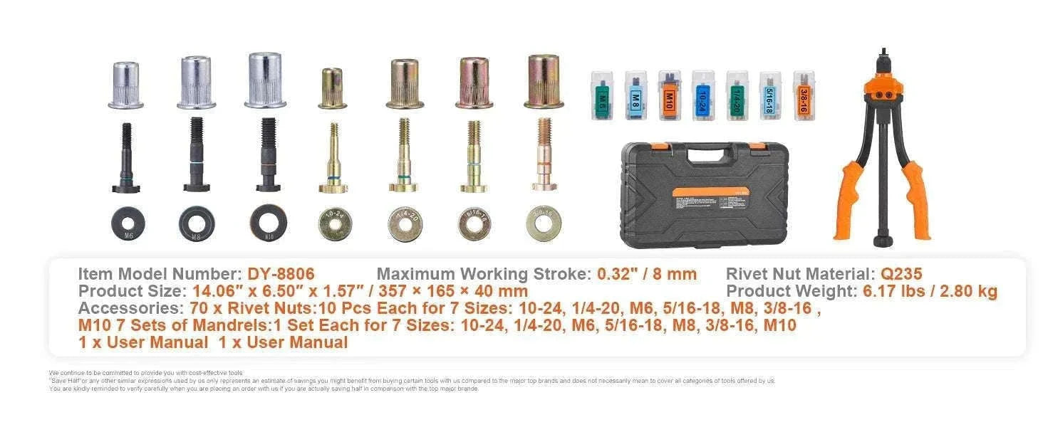 Rivet Nut Tool Kit with Metric & SAE Mandrels and Case Set-16in 186pcs None / United States