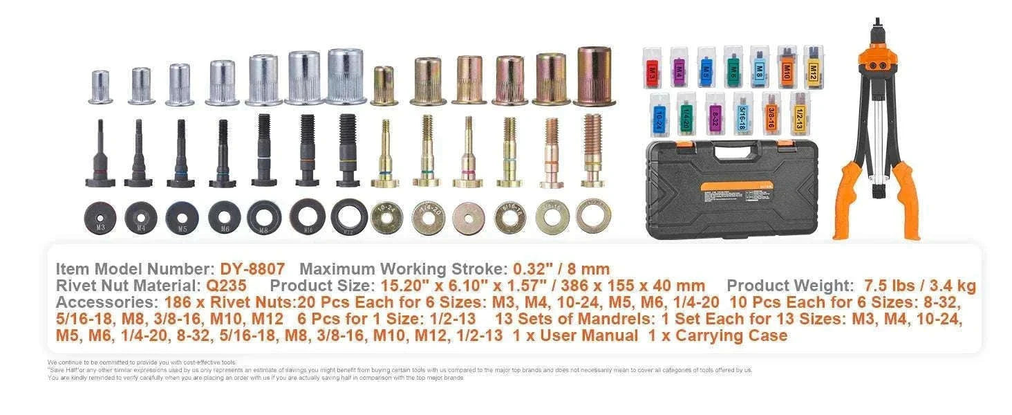 Rivet Nut Tool Kit with Metric & SAE Mandrels and Case Set-16in 186pcs None / United States